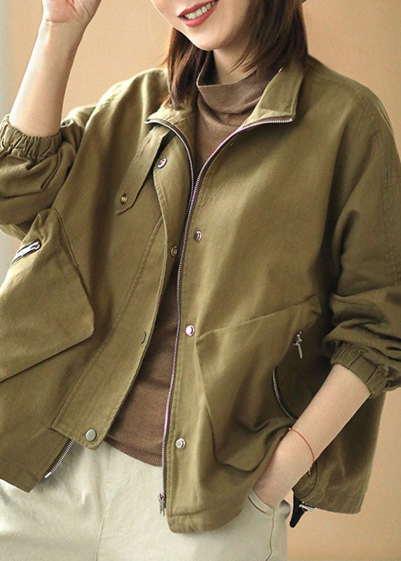 Simple Khaki Stand Collar Zippered Pockets Button Fall Jacket Long Sleeve