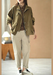 Simple Khaki Stand Collar Zippered Pockets Button Fall Jacket Long Sleeve