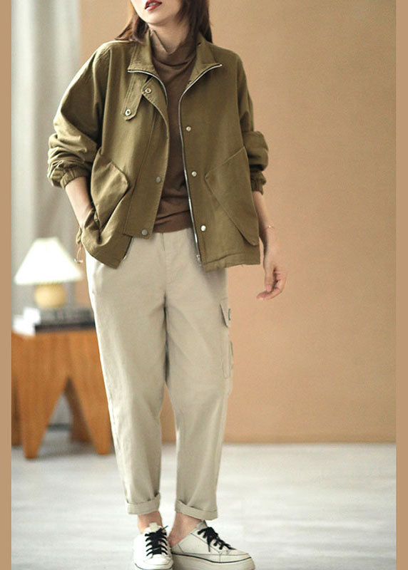 Simple Khaki Stand Collar Zippered Pockets Button Fall Jacket Long Sleeve