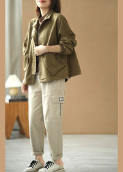 Simple Khaki Stand Collar Zippered Pockets Button Fall Jacket Long Sleeve