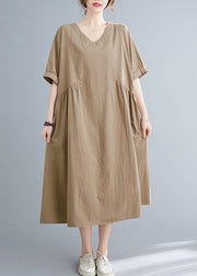 Simple Khaki V Neck Cotton Loose Vacation Dress Short Sleeve