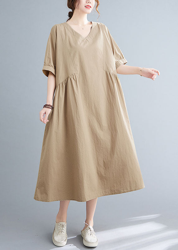 Simple Khaki V Neck Cotton Loose Vacation Dress Short Sleeve