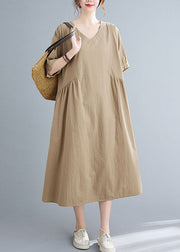 Simple Khaki V Neck Cotton Loose Vacation Dress Short Sleeve