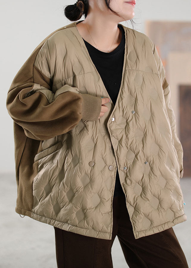 Simple Khaki V Neck Patchwork Duck Down coat Winter