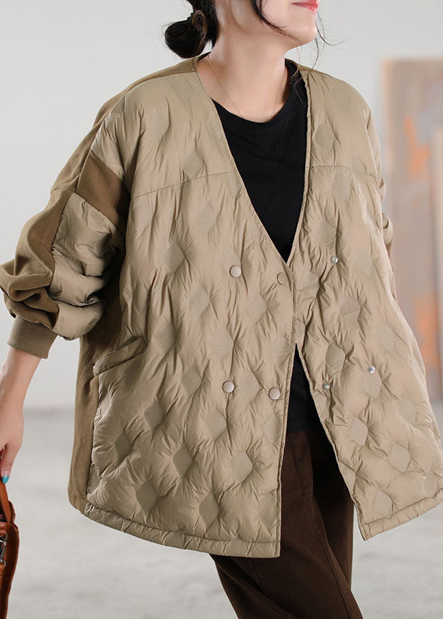 Simple Khaki V Neck Patchwork Duck Down coat Winter