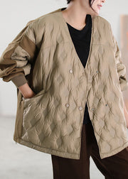 Simple Khaki V Neck Patchwork Duck Down coat Winter