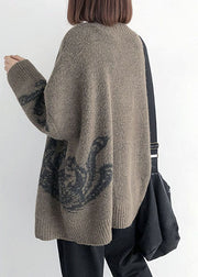 Simple Khaki V Neck Print Knit Loose Cardigan Spring