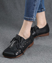 Simple Lace Up Flat Feet Shoes Black Cowhide Leather Hollow Out Penny Loafers - bagstylebliss