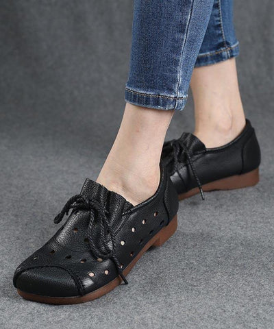 Simple Lace Up Flat Feet Shoes Black Cowhide Leather Hollow Out Penny Loafers - bagstylebliss