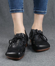 Simple Lace Up Flat Feet Shoes Black Cowhide Leather Hollow Out Penny Loafers - bagstylebliss
