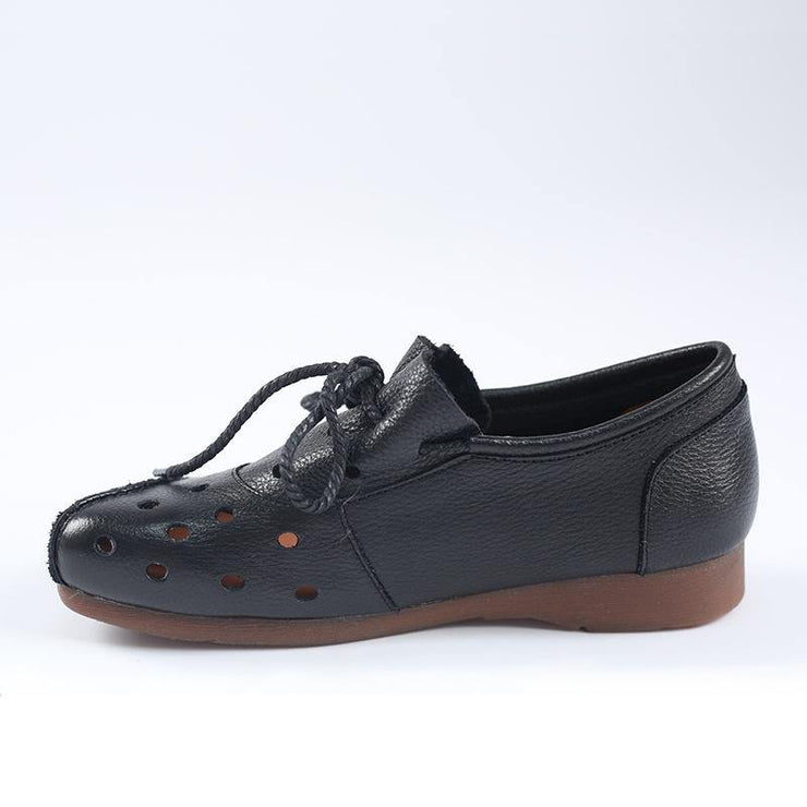 Simple Lace Up Flat Feet Shoes Black Cowhide Leather Hollow Out Penny Loafers - bagstylebliss