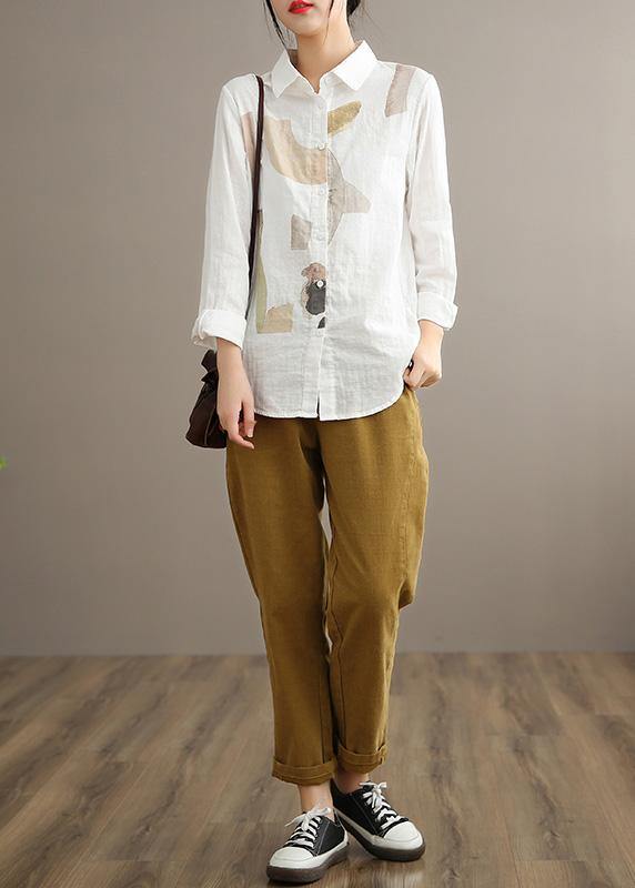 Simple Lapel Cinched Spring Clothes Khaki Print Top - bagstylebliss