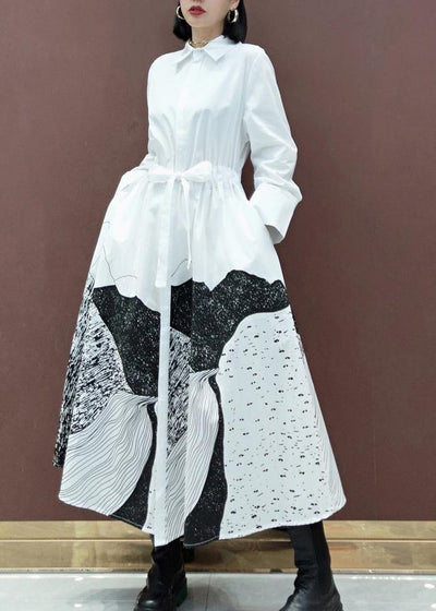 Simple Lapel Drawstring Spring Dresses Work Outfits White Print A Line Dress - bagstylebliss