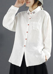 Simple Lapel Embroidery top Pattern White Blouses - bagstylebliss