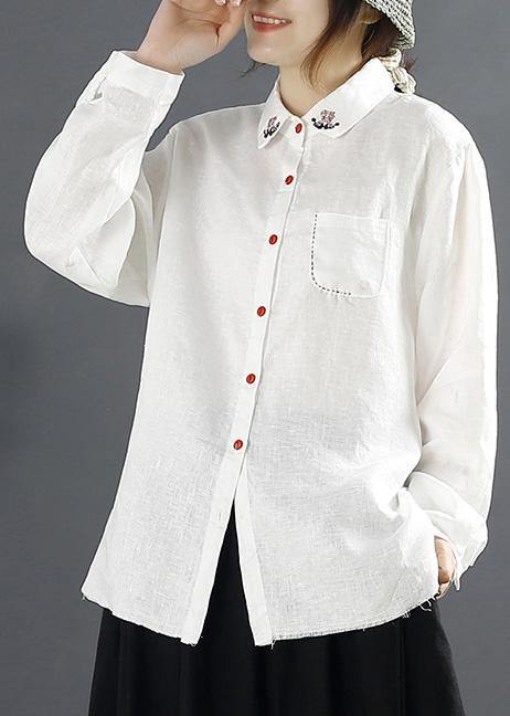 Simple Lapel Embroidery top Pattern White Blouses - bagstylebliss
