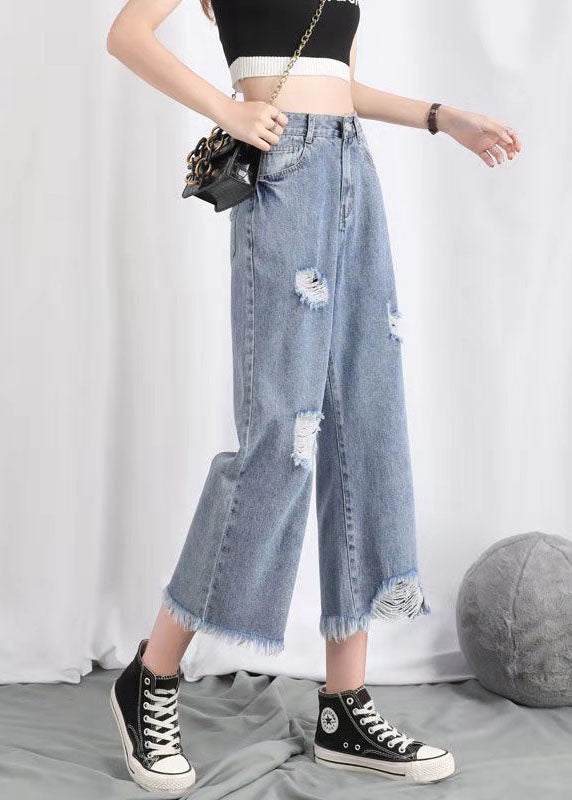 Einfache hellblaue, hohe Taille, Lochtaschen, Baumwoll-Denim, gerade Hose, Sommer