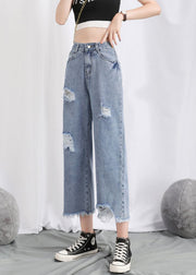 Simple Light Blue High Waist Hole Pockets Cotton Denim Straight Pants Summer