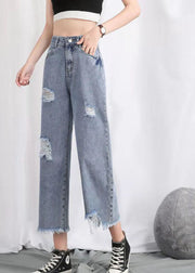 Simple Light Blue High Waist Hole Pockets Cotton Denim Straight Pants Summer