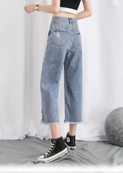 Einfache hellblaue, hohe Taille, Lochtaschen, Baumwoll-Denim, gerade Hose, Sommer