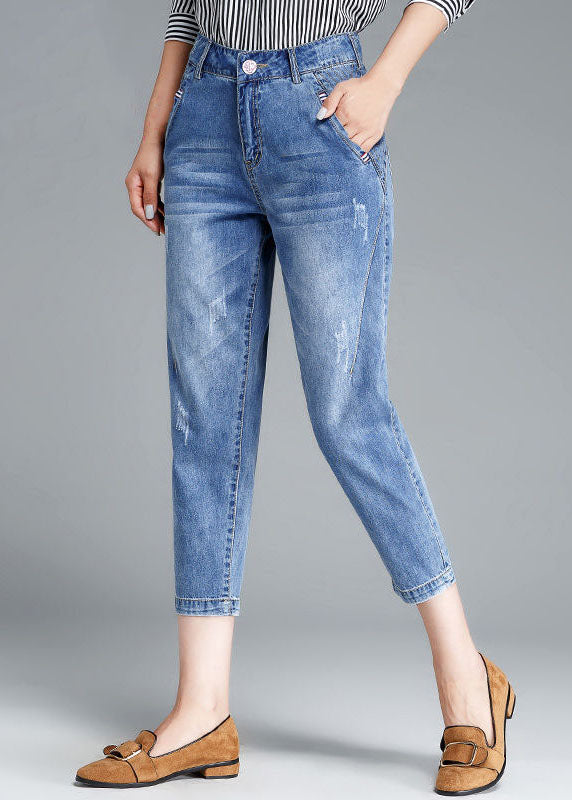 Einfache hellblaue, hohe Taillentaschen, Baumwoll-Denim-Crop-Hosen im Sommer