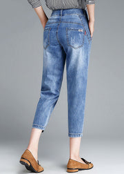 Einfache hellblaue, hohe Taillentaschen, Baumwoll-Denim-Crop-Hosen im Sommer