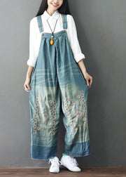 Simple Light Blue Patchwork Embroidered Denim Wide Leg Jumpsuit Spring