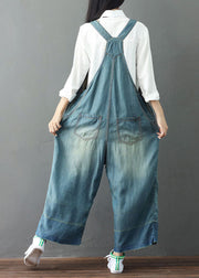 Simple Light Blue Patchwork Embroidered Denim Wide Leg Jumpsuit Spring