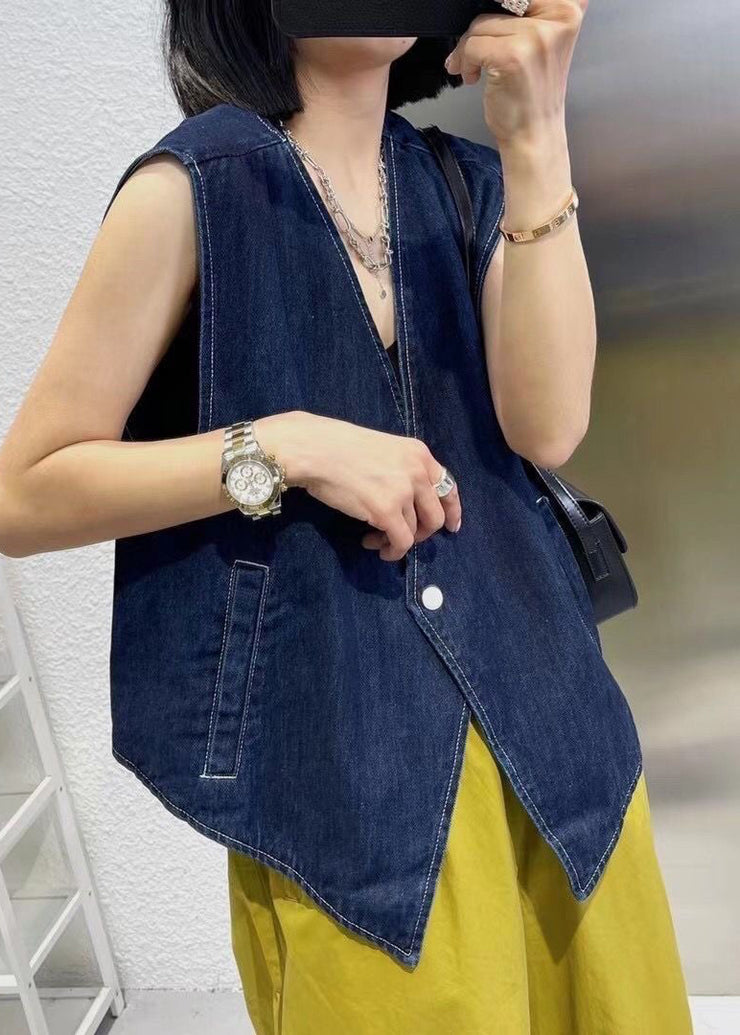 Simple Light Blue V Neck Patchwork Button Waistcoat Fall