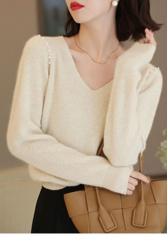 Simple Light Camel V Neck Nail Bead Patchwork Woolen Sweater Tops Fall