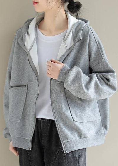 Simple Light Gray Fashion Coat For Woman Tops Hooded Zip Up Spring Coats - bagstylebliss