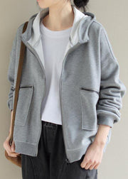 Simple Light Gray Fashion Coat For Woman Tops Hooded Zip Up Spring Coats - bagstylebliss