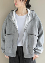 Simple Light Gray Fashion Coat For Woman Tops Hooded Zip Up Spring Coats - bagstylebliss