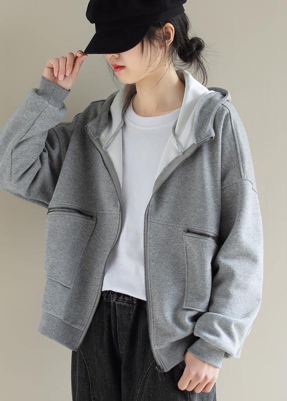 Simple Light Gray Fashion Coat For Woman Tops Hooded Zip Up Spring Coats - bagstylebliss
