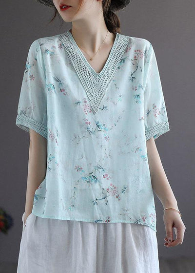 Simple Light Green V-Neck Print Floral Summer Ramie Shirt Top Short Sleeve - bagstylebliss