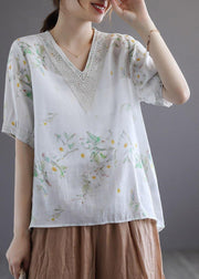 Simple Light Green V-Neck Print Floral Summer Ramie Shirt Top Short Sleeve - bagstylebliss