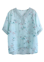 Simple Light Green V-Neck Print Floral Summer Ramie Shirt Top Short Sleeve - bagstylebliss