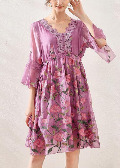 Simple Light Purple Embroidery Chiffon Patchwork Summer Vacation Dresses - bagstylebliss