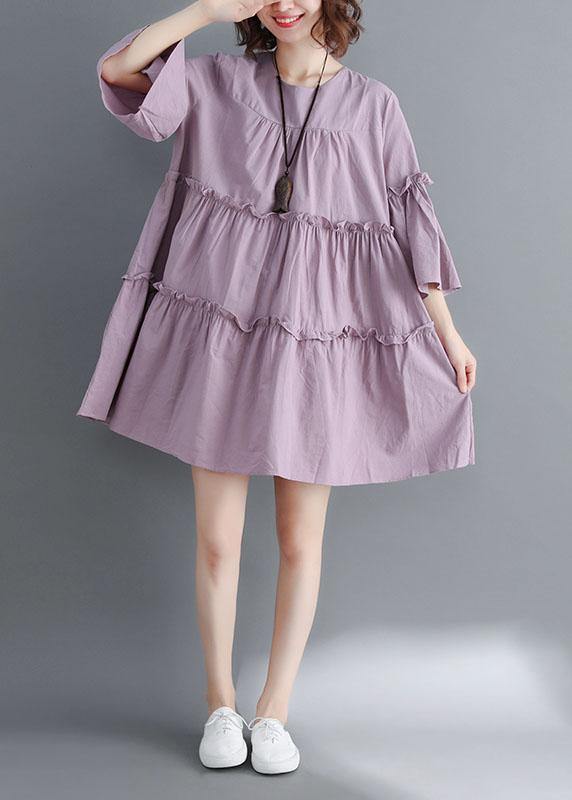 Simple Light Purple O-Neck Tiered Cotton Summer Dress - bagstylebliss