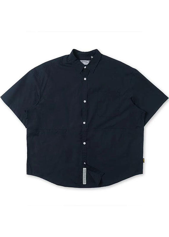 Simple Navy Peter Pan Collar Button Pockets Fall Shirt Half Sleeve