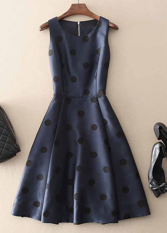 Simple Navy Zip Up Dot Long Dresses Sleeveless