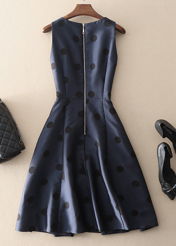 Simple Navy Zip Up Dot Long Dresses Sleeveless