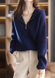 Simple Navy Zip Up Patchwork Hooded Woolen Knit Coats Fall