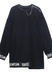 Simple O Neck Asymmetric Spring Tunics For Women Black Letter Tops - bagstylebliss