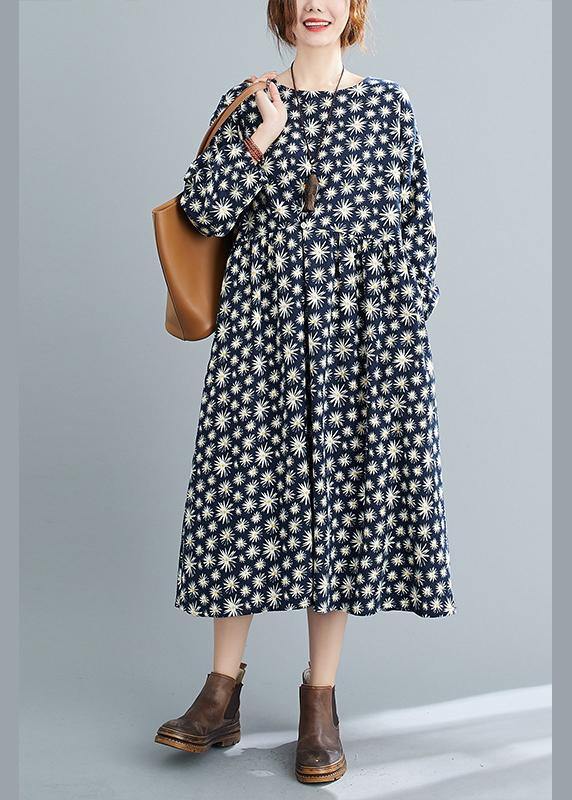 Simple O Neck Cinched Spring Dresses Runway Navy Floral Kaftan Dress - bagstylebliss