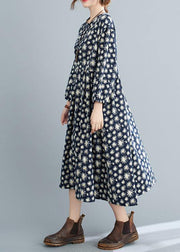 Simple O Neck Cinched Spring Dresses Runway Navy Floral Kaftan Dress - bagstylebliss