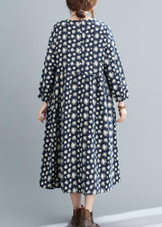 Simple O Neck Cinched Spring Dresses Runway Navy Floral Kaftan Dress - bagstylebliss