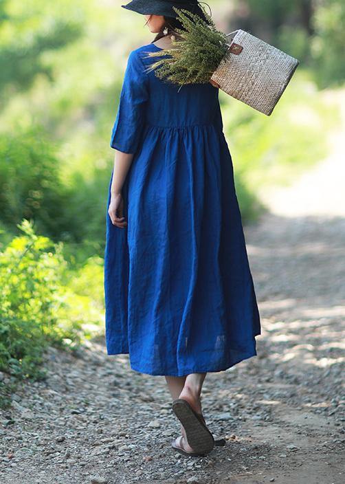 Simple O Neck Patchwork Summer Tunic Blue Dress - bagstylebliss