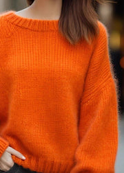 Simple Orange O Neck Solid Cozy Cotton Knit Sweaters Long Sleeve