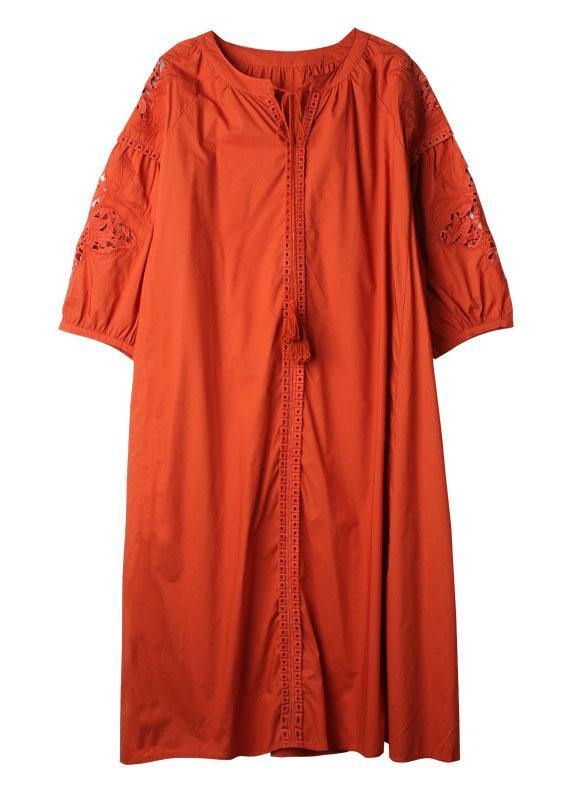 Simple Orange Three Quarter Sleeve Lace Solid Spring Holiday Dress - bagstylebliss