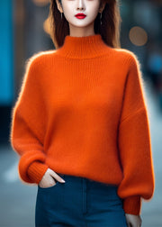 Simple Orange Turtleneck Solid Cotton Knit Top Long Sleeve